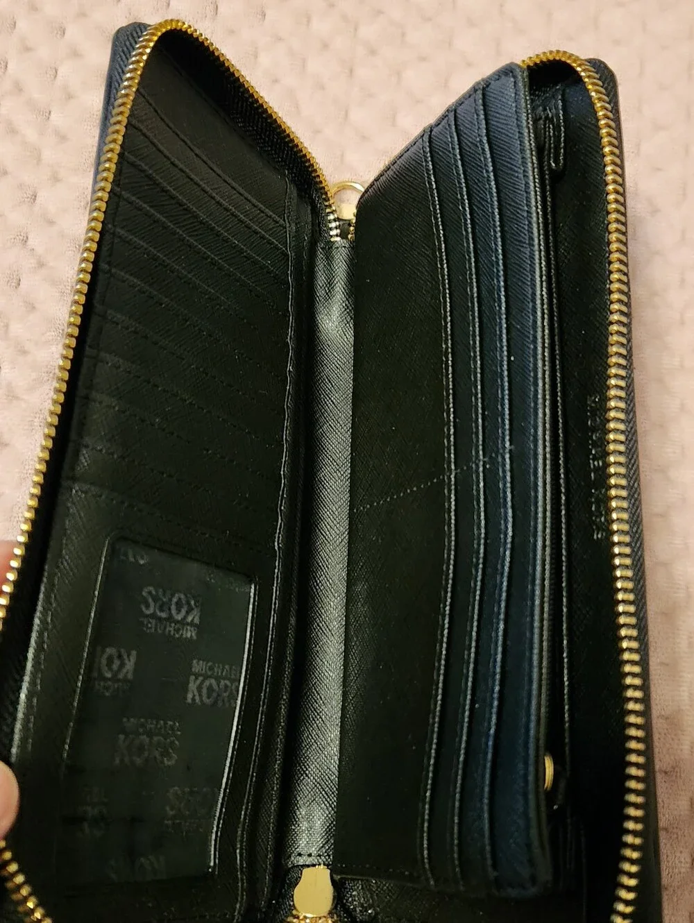 Michael Kors Black Large Patent Logo Zip Wallet with Gold Plaque